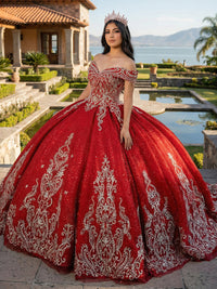 Red Quinceanera Dress Off Shoulder Glitter Ball Gown Beaded Lace Appliques Prom Dress Ms2605161
