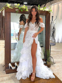 Off Shoulder Lace Prom Dress High Slit Tiered Formal Evening Gown Ms2601092