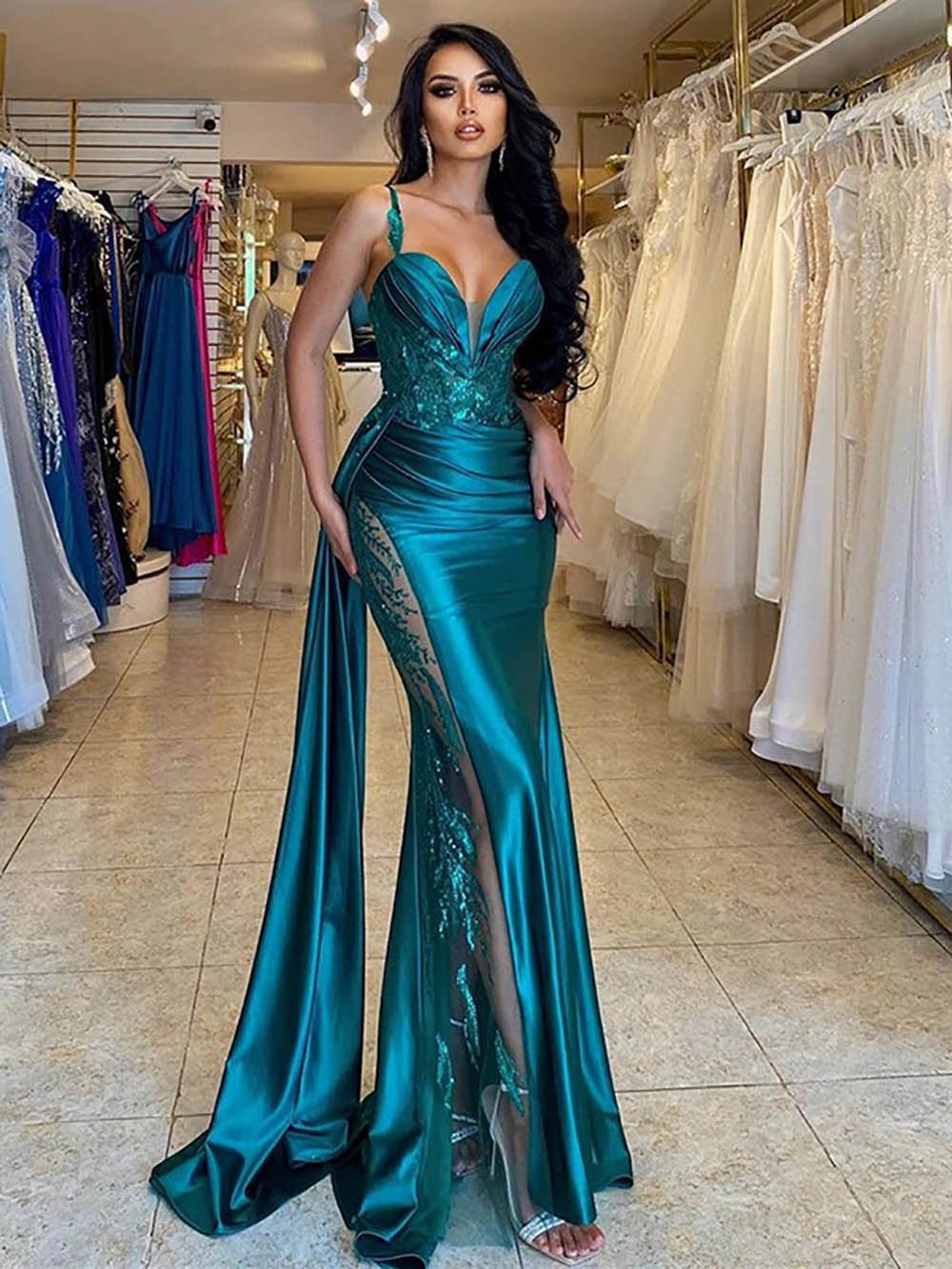 Sexy Illusion Lace Appliques Mermaid Sparkly Satin Prom Dresses #Ms251 –  Msikoods Official Store