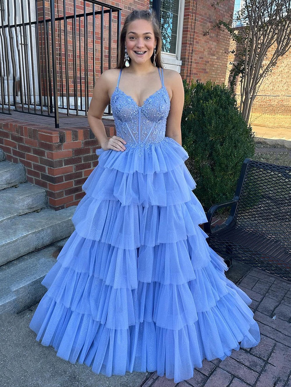 Layered Tulle Evening Gown Lace Appliques Corset Prom Dress Ms2511141