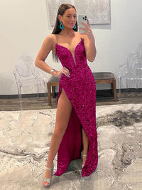 Fuchisa Sequin Prom Dress Sexy High Slit Mermaid Sparkly Formal Dress Ms2511182