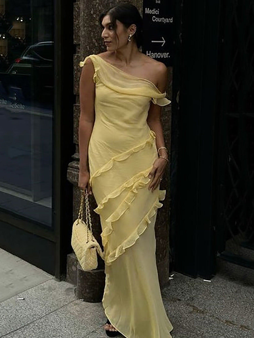 One Shoulder Prom Dress A Line Ruffle Chiffon Layered Formal Evening Dress Ms2604029