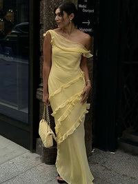 One Shoulder Prom Dress A Line Ruffle Chiffon Layered Formal Evening Dress Ms2604029