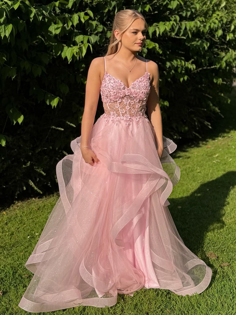 Pink Prom Dress Spaghetti Straps Applique Corset A Line Tulle Glitter Evening Dress Ms2607162