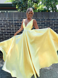 Deep V Neck A Line Prom Dress Satin Simple Formal Evening Gown Ms2601143
