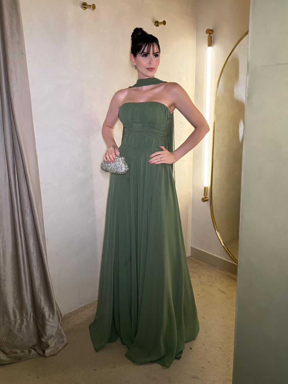 Sage Green Strapless Chiffon Prom Dress Pleated Cape A Line Evening Dress Formal Gown Ms2606241