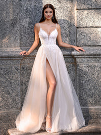 Romantic Lace Spaghetti Strap Wedding Dress High Slit Sexy Bridal Gown Ms2505243