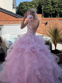 Pink Prom Dress Spaghetti Strap Lace Ball Gown Layered Ruffle Tulle Birthday Dress Ms2609233