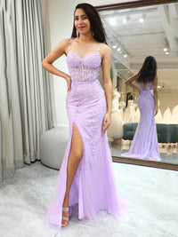 Lilac Lace Mermaid Prom Dress with Slit Appliqued Evening Dress Ms2511291