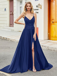 Navy Blue Lace Spaghetti Strap Prom Dress Side Slit Open Back Party Dress Ms2509262