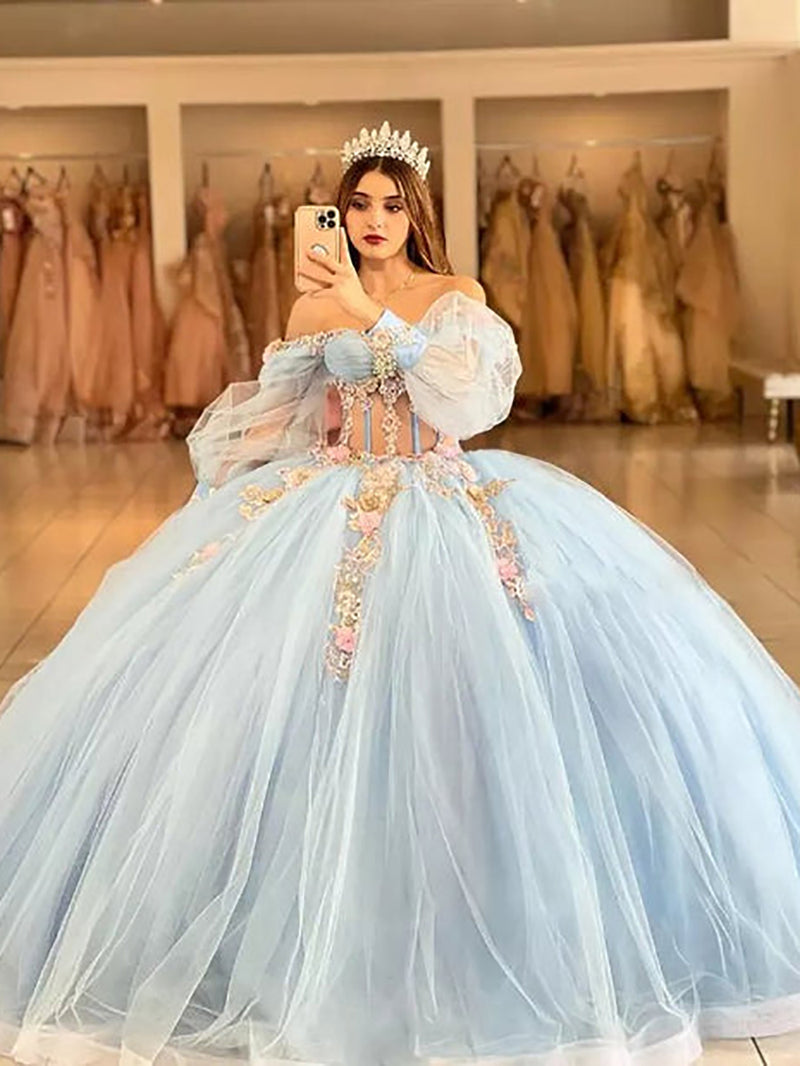 Sky Blue Quinceanera Dress Off Shoulder Puffy Sleeve Ball Gown 3D Floral Prom Dress Ms2605164