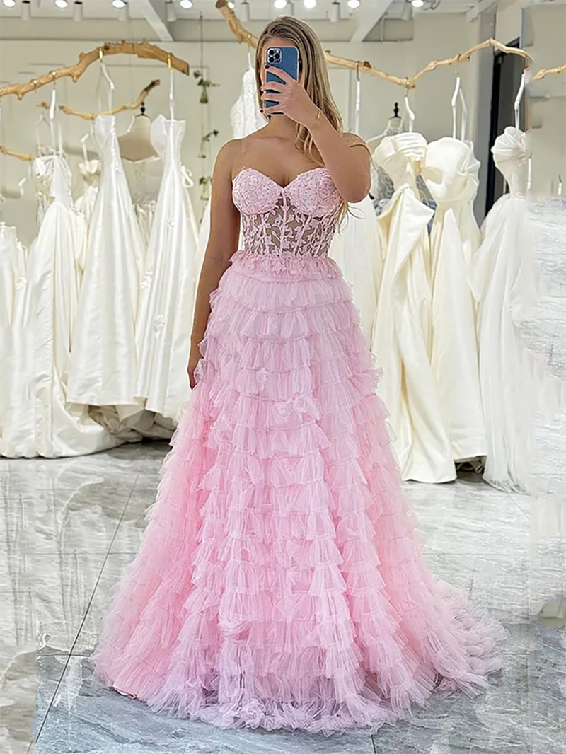 Romantic Pink Ruffle Sweetheart Prom Dress Lace Corset Layered Tulle Party Gown Ms2507041