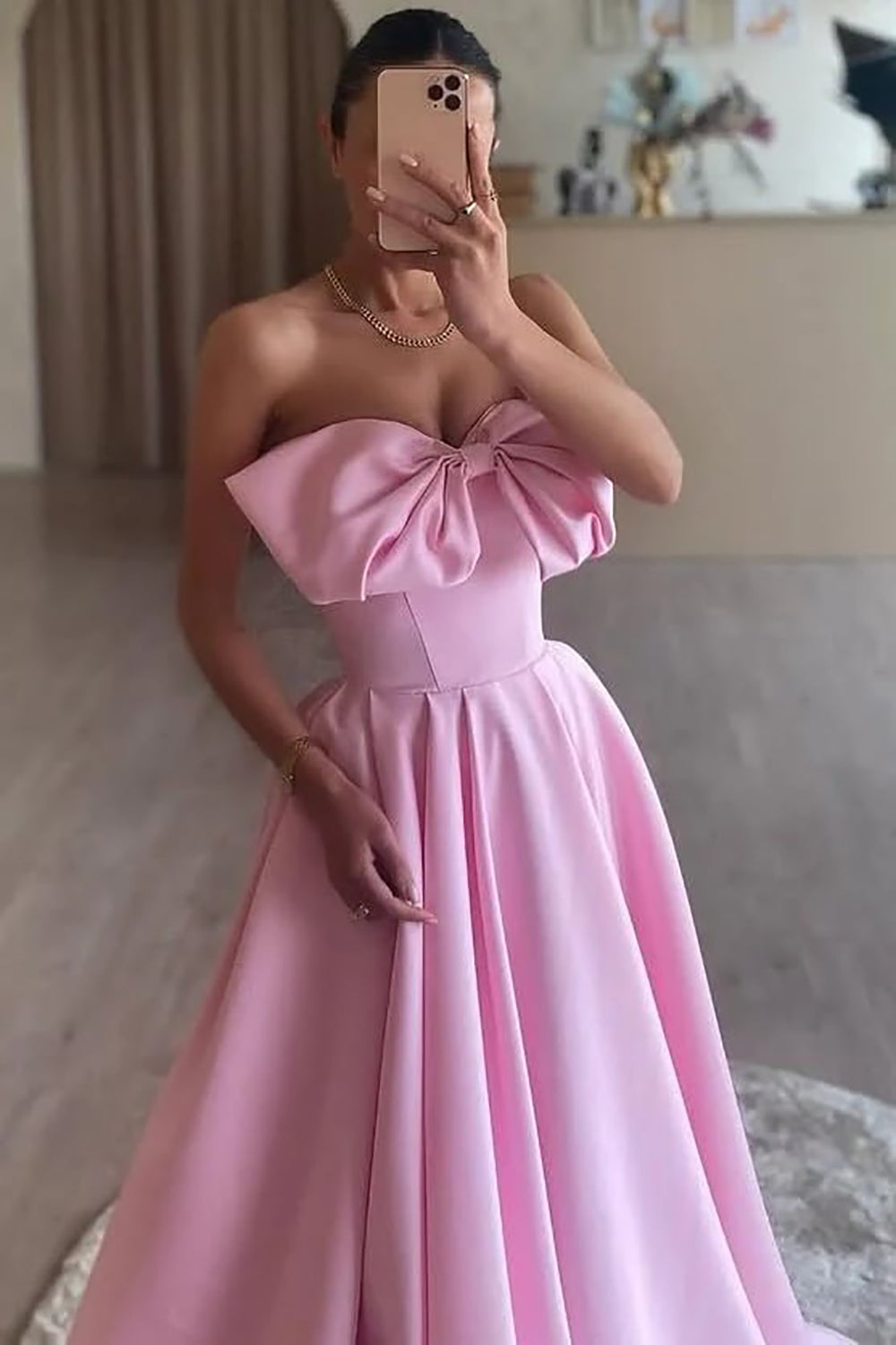 Satin Prom Dress Strapless A Line Party Gown Bow Formal Dress Princess Evening Gown Ms2606144