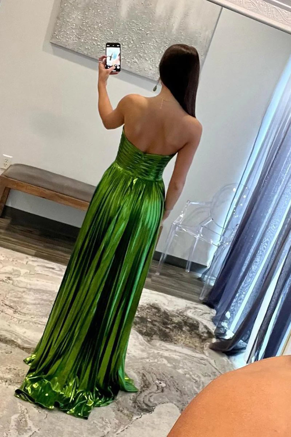 Metallic Prom Dress Strapless High Slit Pleated Formal Evening Gown Party Dress Ms2606154