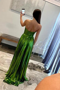 Metallic Prom Dress Strapless High Slit Pleated Formal Evening Gown Party Dress Ms2606154
