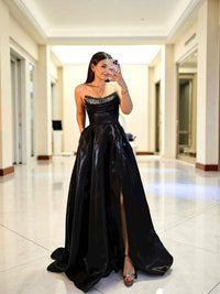 Shiny Satin Beaded Corset Formal Evening Gown High Slit A Line Prom Dress Ms2512231