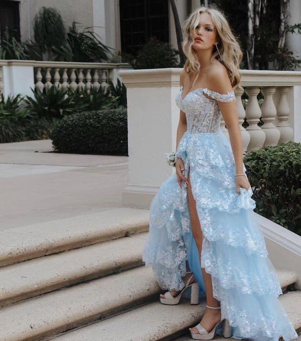 Light Blue Prom Dresses Off The Shoulder Lace Appliques Ruched Tiered Prom Gwn Side Split Teen Dess