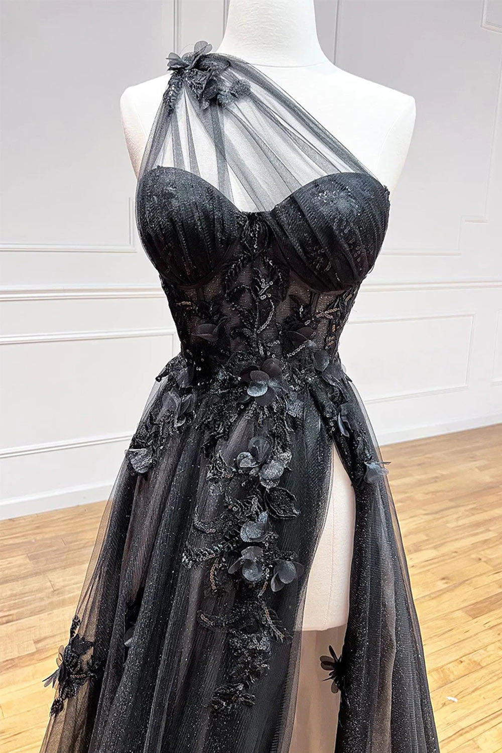 One Shoulder Slit Sparkly Prom Dress Flower Formal Evening Dress Ms2508095
