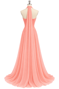 Halter Deep V Neck Pleated Evening Dress Backless Prom Dress Ms2604272