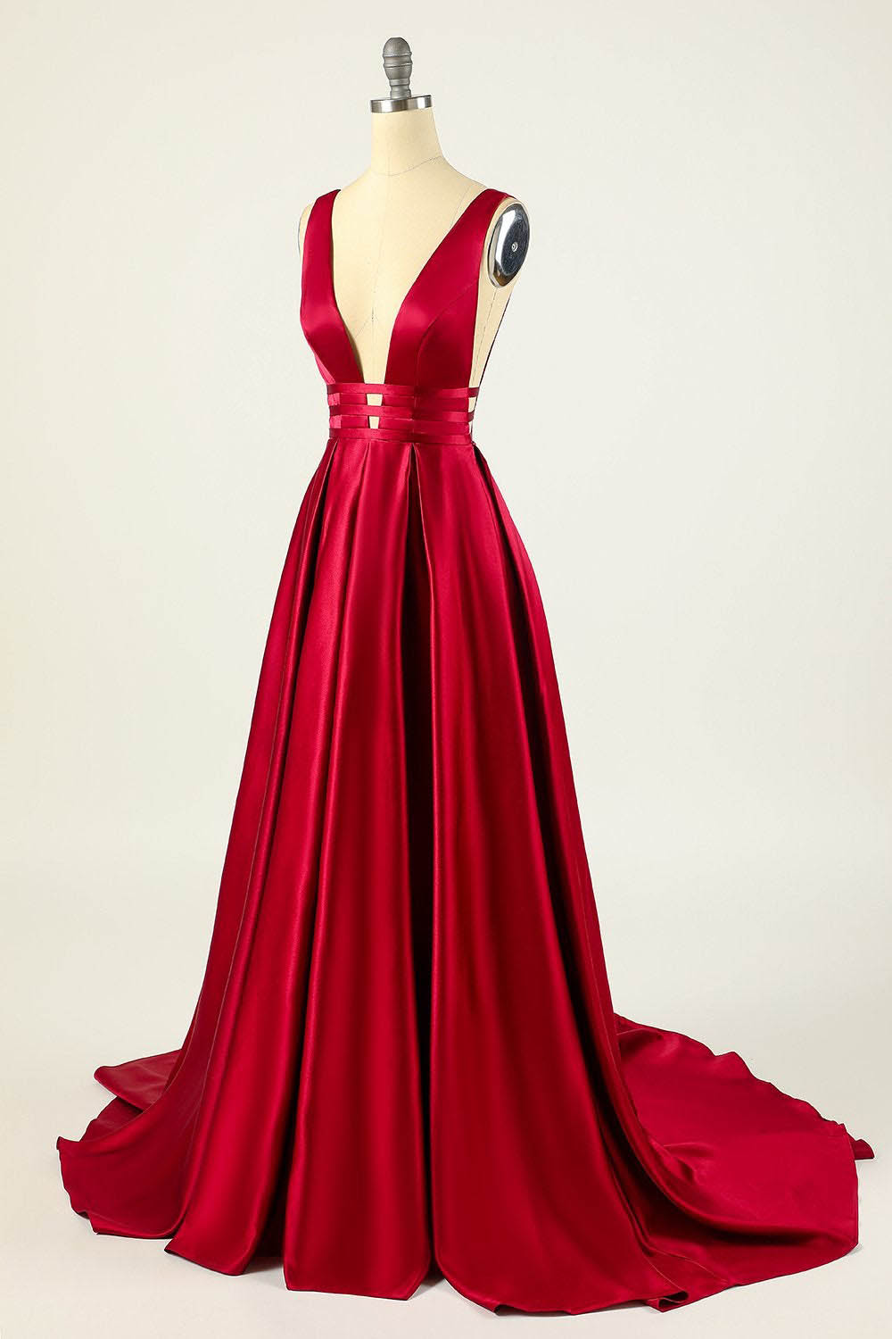 Deep V-Neck Pleated A-Line Prom Dress Satin Backless Evening Dress Ms2510165