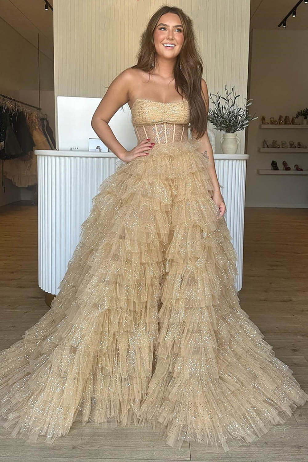 Glitter Prom Dress Strapless Corset Tulle Layered Ruffles Evening Dress Birthday Goown Ms2609136