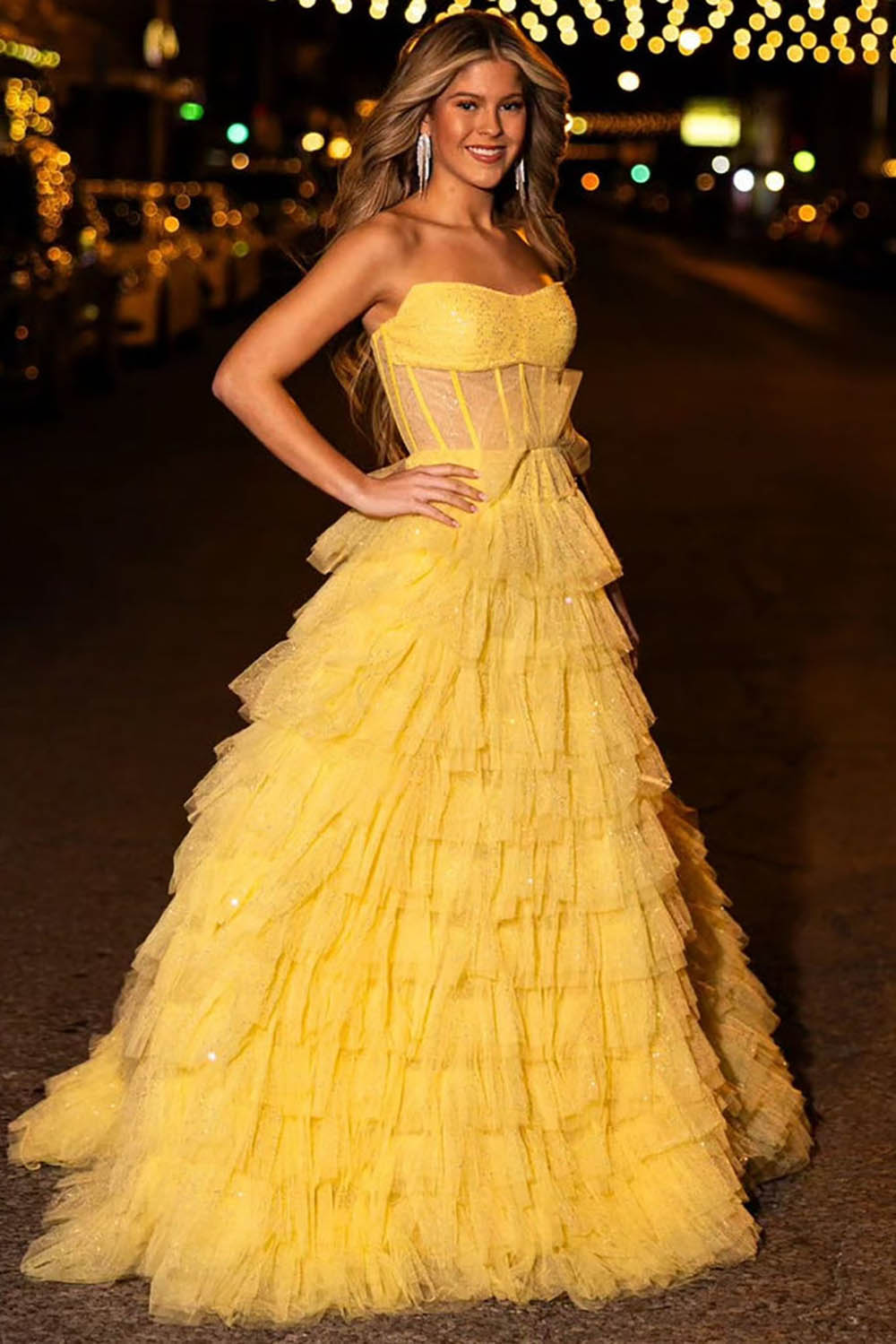 Glitter Prom Dress Strapless Corset Tulle Layered Ruffles Evening Dress Birthday Goown Ms2609136
