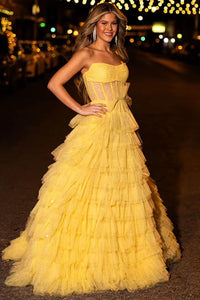 Glitter Prom Dress Strapless Corset Tulle Layered Ruffles Evening Dress Birthday Goown Ms2609136