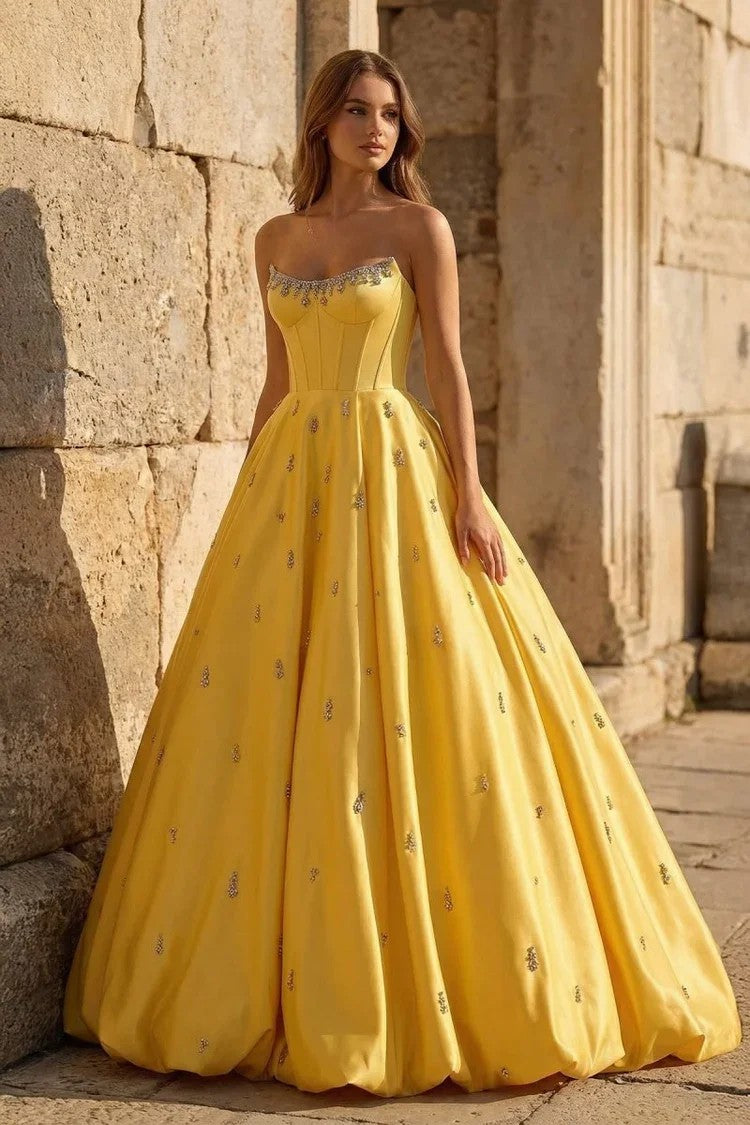 Yellow Prom Dress Strapless Corset Crystal Beaded Satin Ball Gown Even – Msikoods Official Store