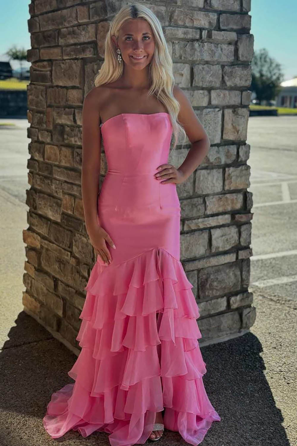 Strapless Prom Dress Mermaid Evening Dress Layered Ruffle Chiffon Gala Gown Ms2609134
