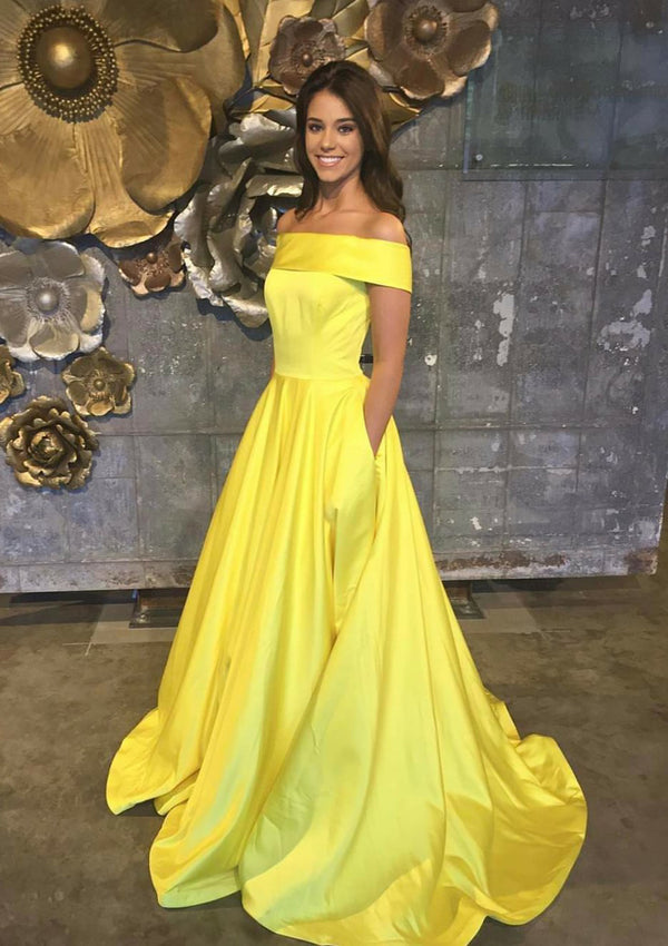 Yellow Off Shoulder Prom Dress Satin A Line Formal Evening Gown with Pockets Ms2606094