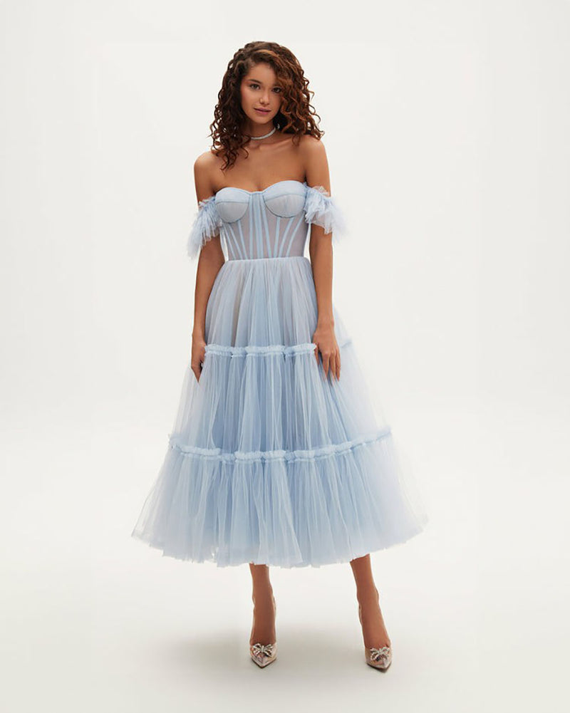 Abiti da sera in tulle lunghezza tè per donne, abiti da ballo con spalle scoperte, per adolescenti, scollo a cuore, decorati con perline, abito principessa gonfio