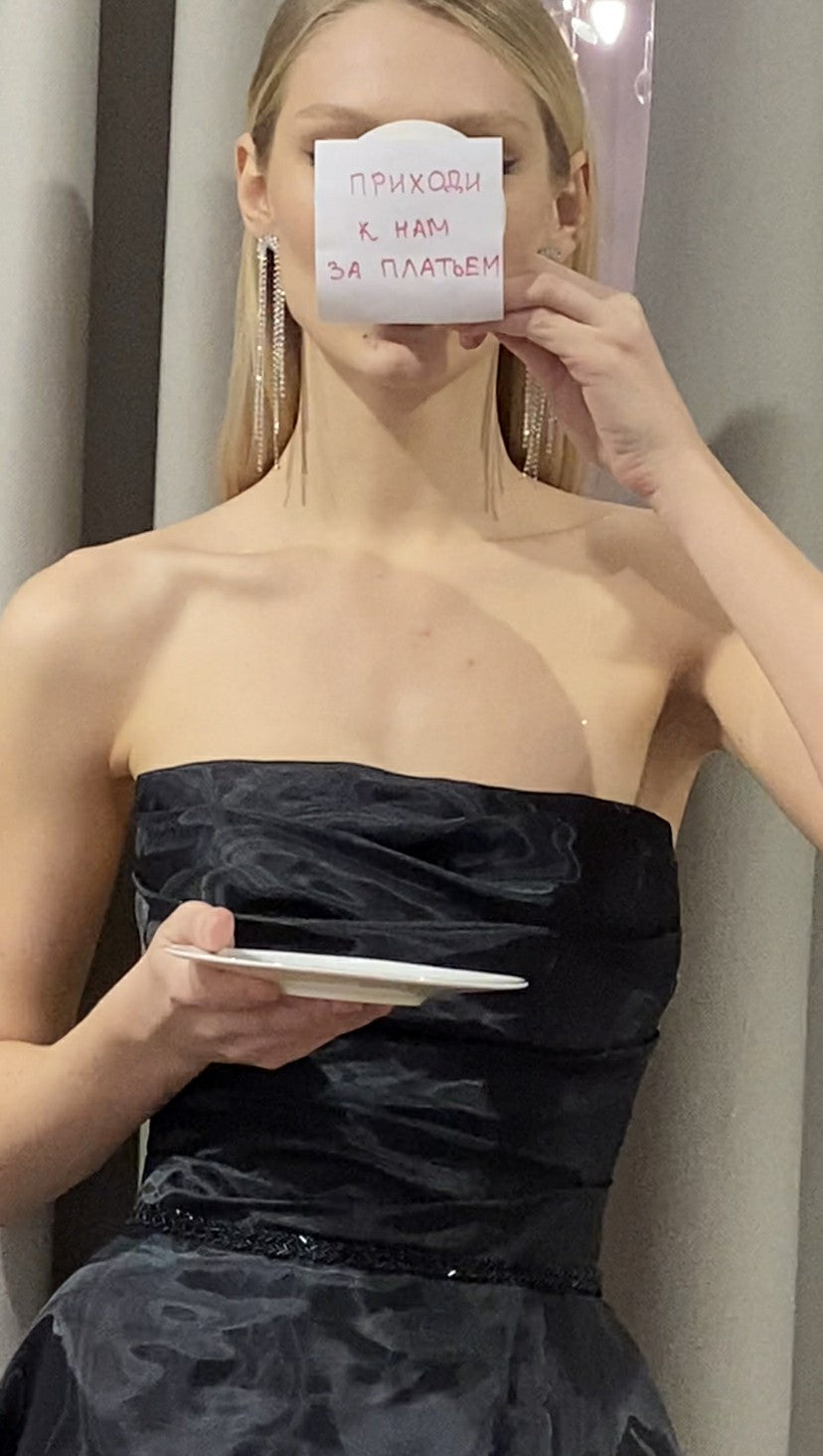 A-Line Puff Sleeve Evening Gown Beaded Belt High Slit Prom Dress Ms2602052