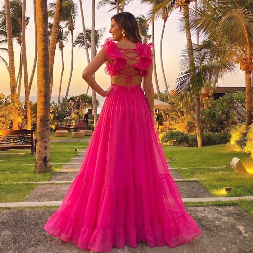 Hot Pin Prom Dress V Neck Ruffle Shoulder Backless A Line Evening Gown Birthday Dress Ms2607204