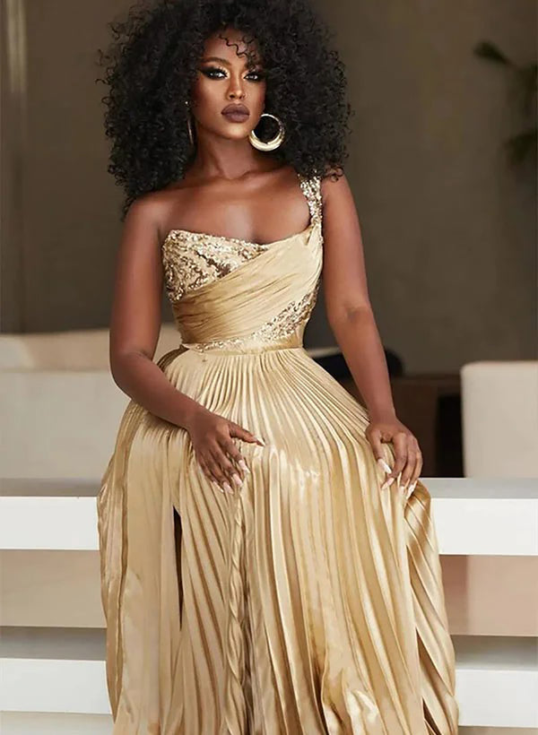 Gold Prom Dress One Shoulder Sequin Pleated A Line Evening Dress with High Slit Ms2608211