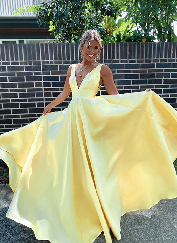 Deep V Neck A Line Prom Dress Satin Simple Formal Evening Gown Ms2601143