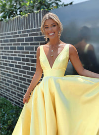 Deep V Neck A Line Prom Dress Satin Simple Formal Evening Gown Ms2601143