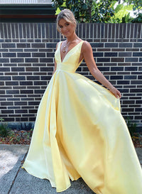 Deep V Neck A Line Prom Dress Satin Simple Formal Evening Gown Ms2601143