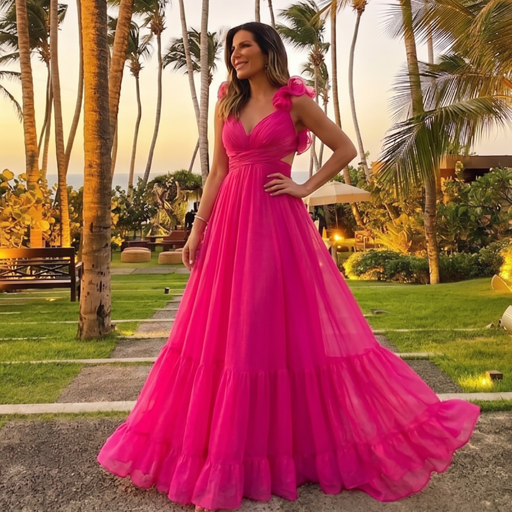 Hot Pin Prom Dress V Neck Ruffle Shoulder Backless A Line Evening Gown Birthday Dress Ms2607204