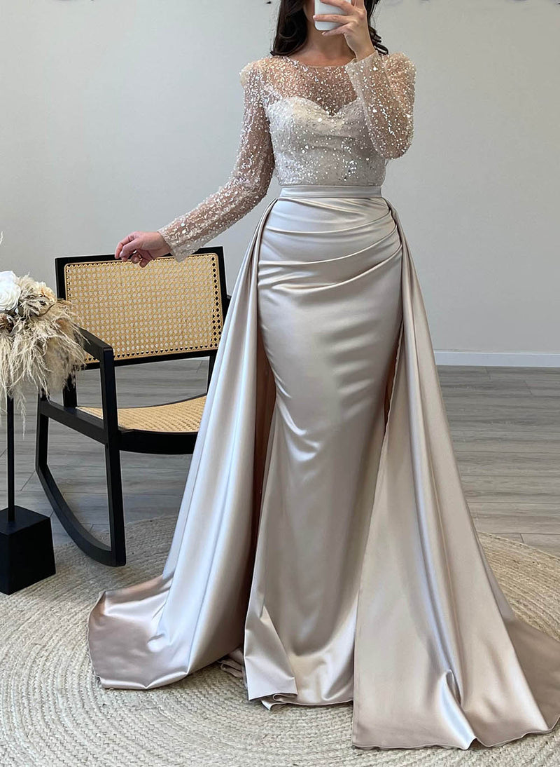 Long Sleeve Sequin Prom Dress Beaded High Slit Satin Eveing Dress MS2512246