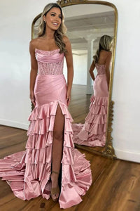 Pink Satin Corset Prom Dress Sequins High Slit Ruffles Formal Party Dress Ms2507074