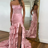 Pink Satin Corset Prom Dress Sequins High Slit Ruffles Formal Party Dress Ms2507074