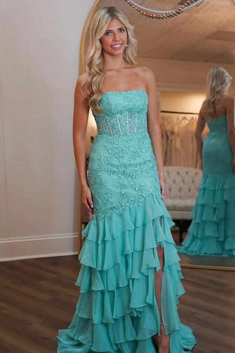 Mint Green Strapless Layered Party Dress Lace Slit Corset Prom Dress Ms2507092