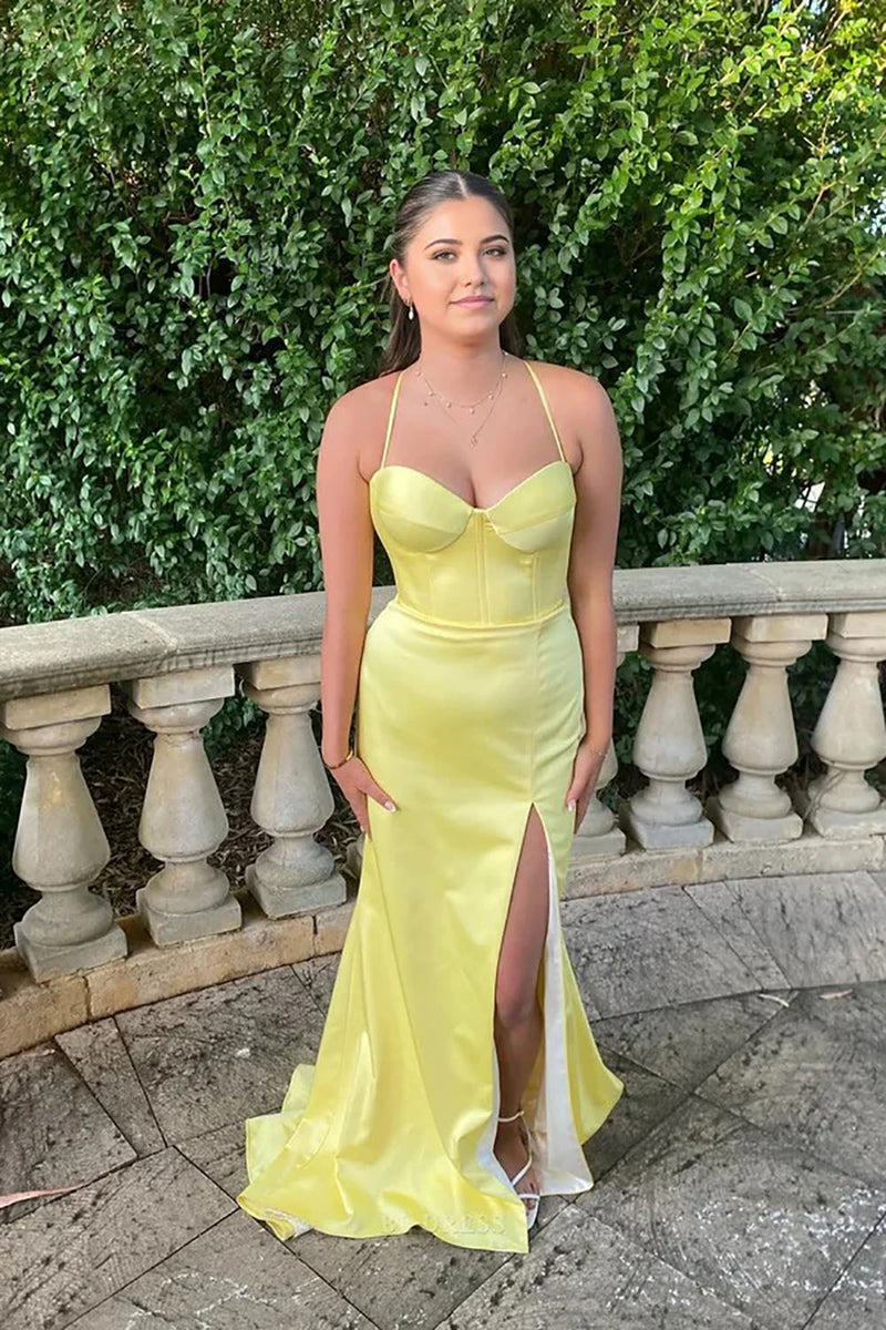 Sexy Slit Bridesmaid Dress Spaghetti Strap Corset Satin Prom Prom Dress Ms2507091