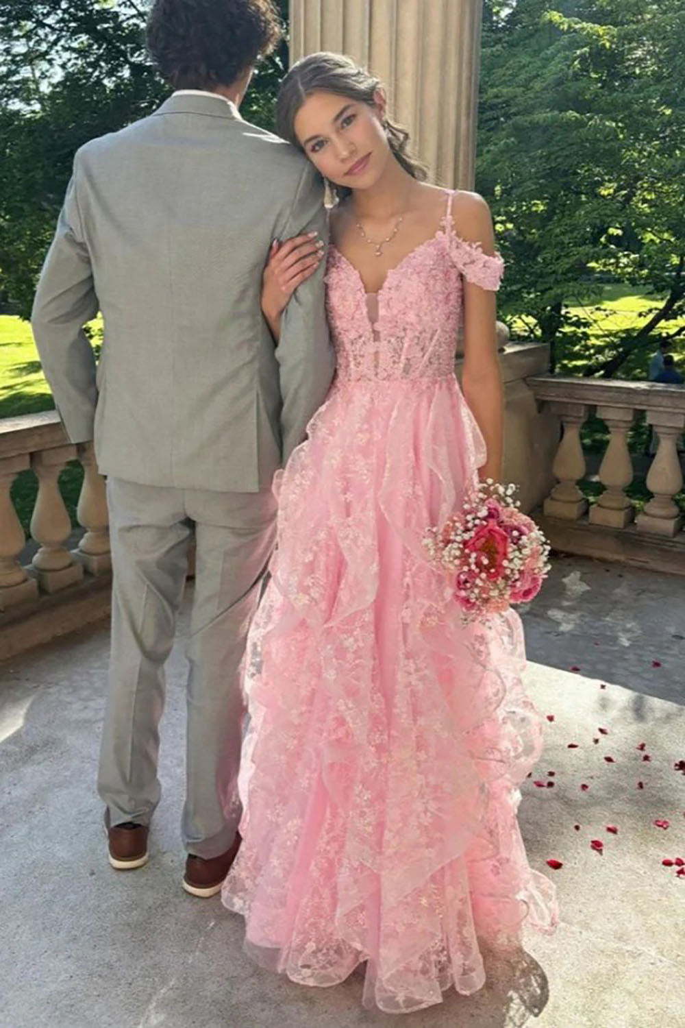 Pink Floral Appliqué Prom Dress Off Shoulder Ruched Party Gown for Swe –  Msikoods Official Store