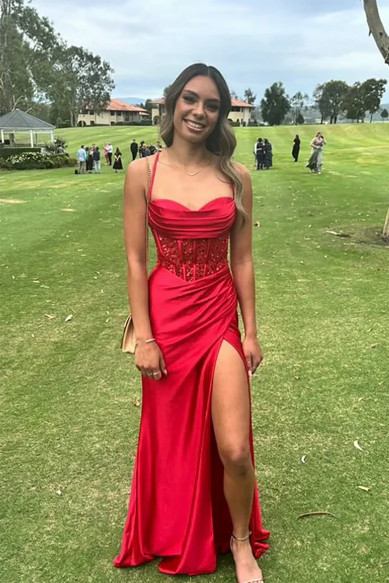 Red Satin Corset Evening Party Dress High Slit Long Prom Dress Formal Events Ms2507072