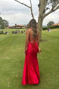 Red Satin Corset Evening Party Dress High Slit Long Prom Dress Formal Events Ms2507072