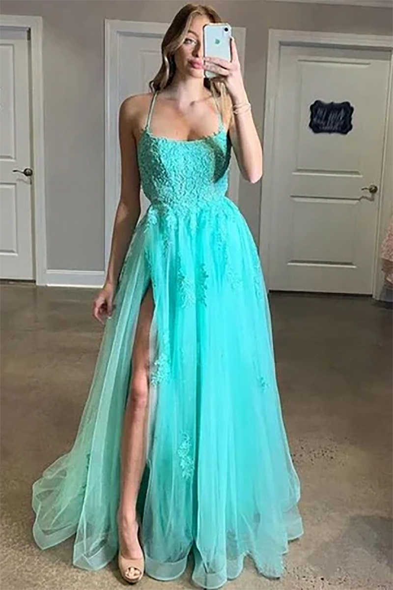 High Slit Prom Dress Spaghetti Straps Backless Tulle Formal Gown 2025 Ms2506293