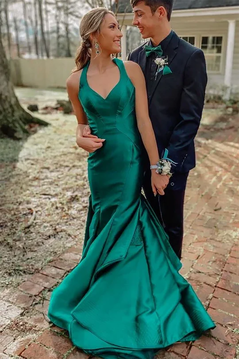 Mermaid Satin Prom Dress 2025 Green Halter Backless Formal Gown Ms2506292