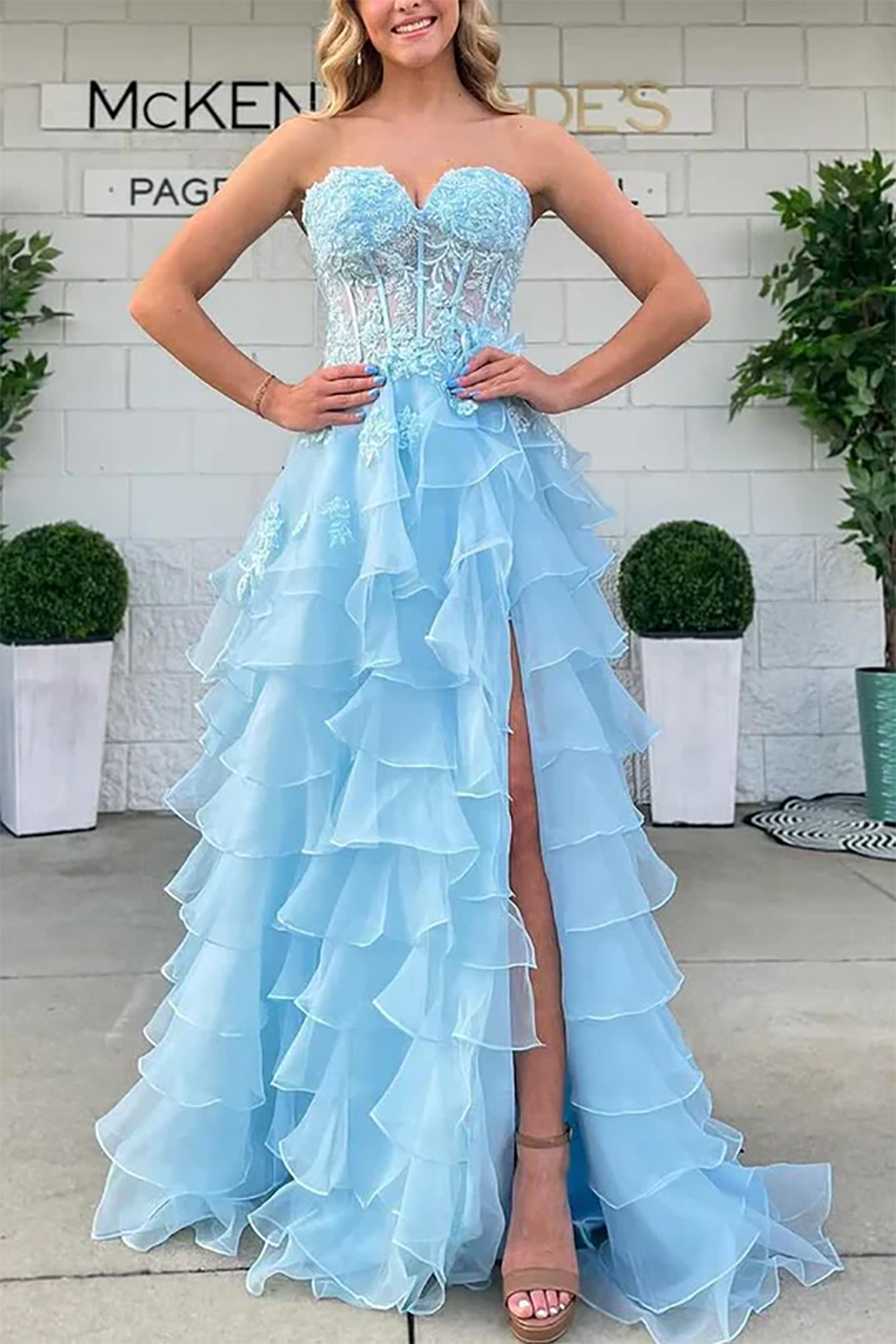 Strapless Tiered Ruffle Prom Dress Lace High Slit Princess Party Dress –  Msikoods Official Store
