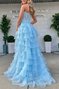 Strapless Tiered Ruffle Prom Dress Lace High Slit Princess Party Dress Ms2506291